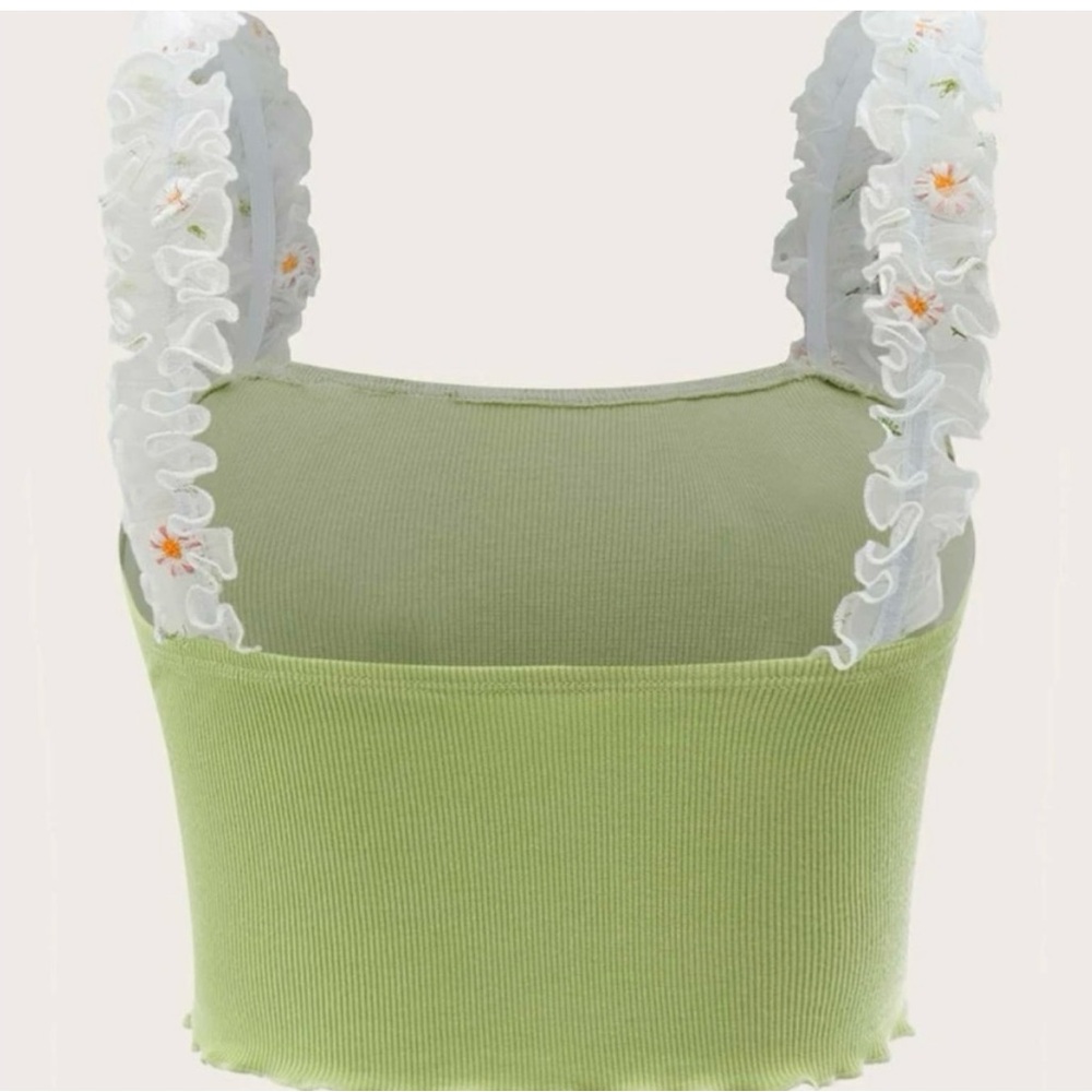 SHEIN MOD Floral Embroidery Ruched Crop Top Size Medium Green Lace Overlay - Picture 2 of 11